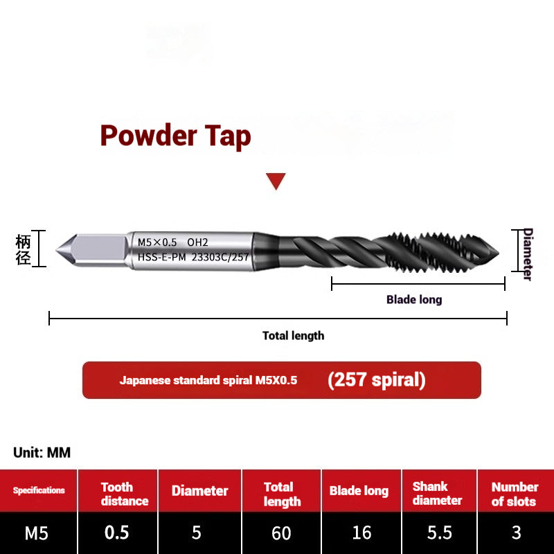 1101-OST High Speed Steel Powder Tap Japanese Standard Apex Screw Point Spiral Powder Metallurgy Tapping Coated Tap Shandong Denso Pricision Tools Co.,Ltd.